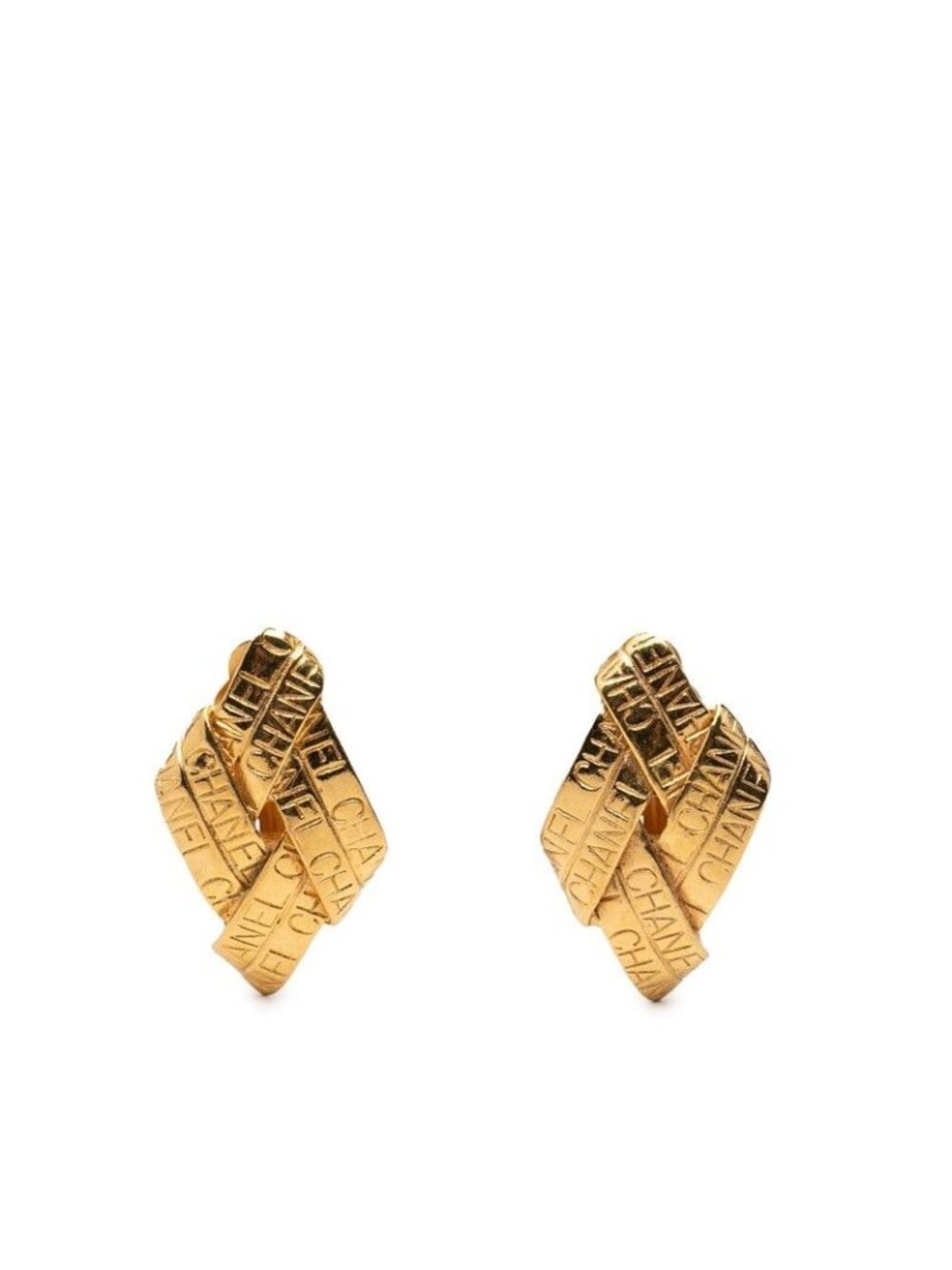 Chanel Logo Ribbon Motif Earrings Gold Plated